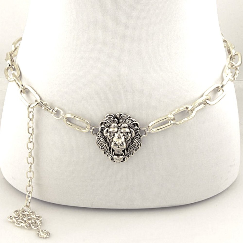 Lion of Judah Chain Link Silver Tone Belt Tribe of Israel Aslan Yeshua Roaring